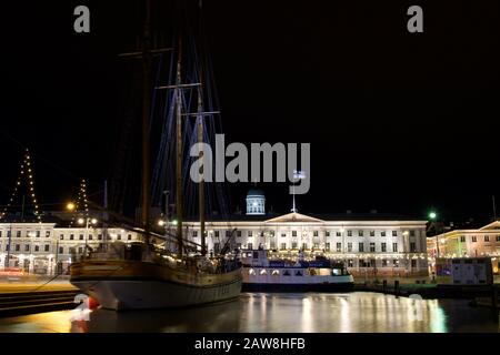 Helsinki, Finland - January 21, 2020: The Kathrina Rauma is a restaurant in a boat which yearly docks at the harbor next to the Helsinki town hall and Stock Photo