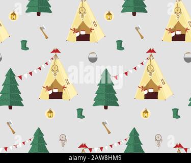 Camping tents, trees, lakes, meadow, and mountains. Gypsy tents. Stock Vector