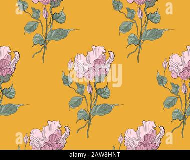 Seamless pattern, hand drawn pink pale Eustoma. Stock Vector