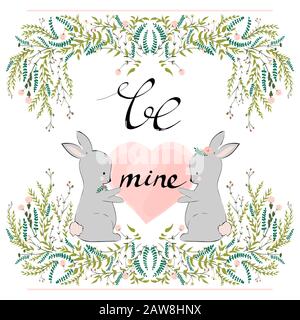 Vector isolated Happy Valentines Day illustration with phrase be mine. Hand drawn wedding background. For postcard, print, typography poster Stock Vector