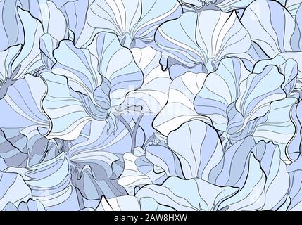 Delicate colors of a seamless pattern of a sweet pea blossom. Blue, violet and black. Stock Vector