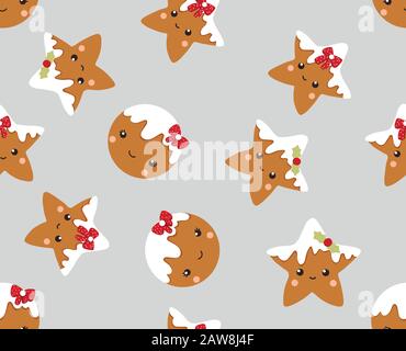 Winter seamless patterns with gingerbread cookies. Awesome holiday vector background. Stock Vector