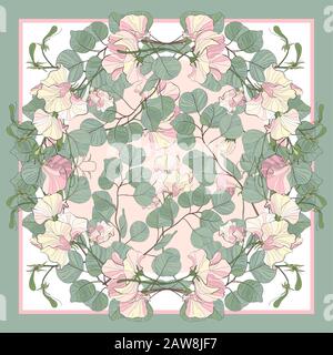 Silk scarf with blooming sweet peas and green eucalyptus dollar lea. Abstract seamless pattern with hand drawn floral elements. stock illustration Stock Vector