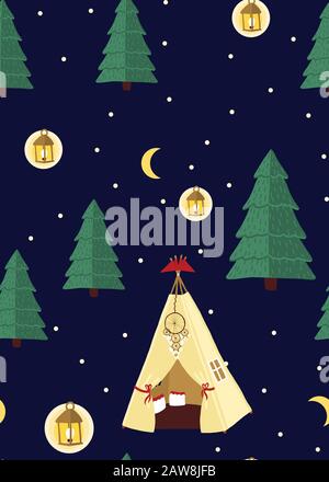 Camping tents, trees, lakes, meadow, and mountains. Gypsy tents. Stock Vector