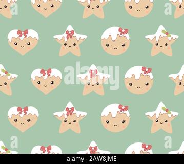Winter seamless patterns with gingerbread cookies. Awesome holiday vector background. Stock Vector