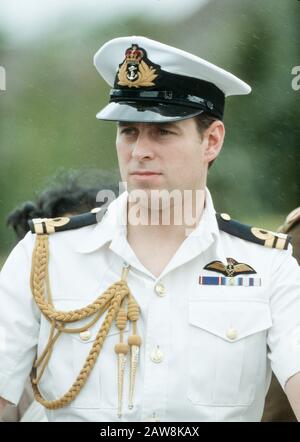 HRH Prince Andrew, Duke of York visits Mauritius wearing his Royal Navy uniform September 1987 Stock Photo