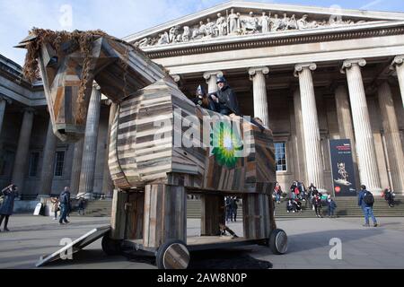 London UK Friday 7 Feb a Trojan horse made from recycled wood was smuggled into the courtyard of the British Museum this morning as part of a protest by BP Or Not BP a group campaigning against fossil...