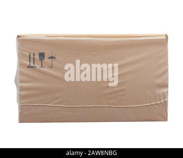 rectangular box wrapped in transparent polyethylene, box for transporting bottles, side view Stock Photo