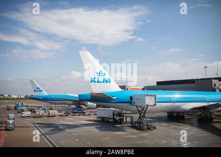 KLM airplane in the Amsterdam Schiphol Airport, dutch flight carrier using Boeing 737 aircrafts. Stock Photo