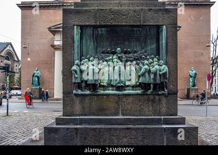 The Reformation Memorial to the Reformation of Denmark by sculptor Max Andersen & architect Harald Lønborg-Jense on Bispetorv , Copenhagen, Denmark. Stock Photo