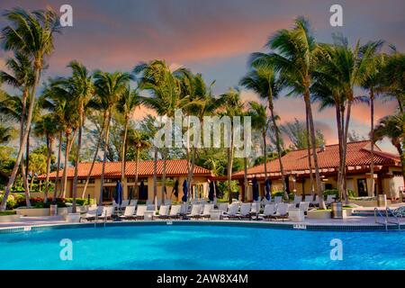 Pool Cabanas and Palms at Dusk Stock Photo