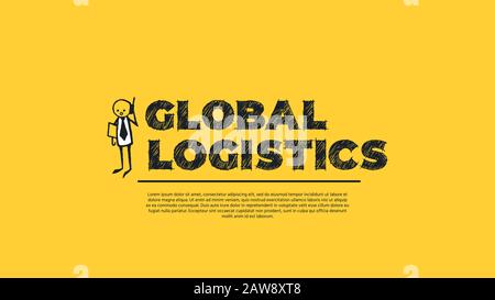 Global Logistics - Simple Design with Cartoon Businessman Silhouette Isolated on Yellow Background. Illustration for Successful Stories, Positive Inspirations and New Opportunities. Web Template Stock Vector