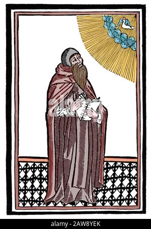 Ramon Llull (1235-1316). Spanish writer and philosopher.  Portrait of author according to Apostrophe Raimundi edition,1504. Stock Photo