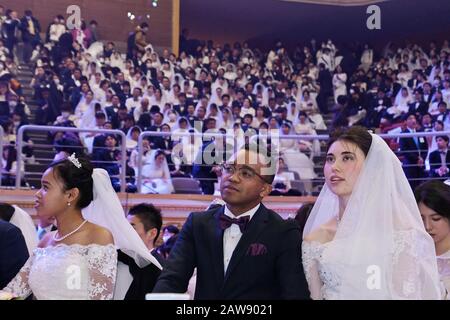 Gapyeong, South Korea. 07th Feb, 2020. Newly married 6000 couples attend the Blessing Ceremony of the Family Federation for World Peace and Unification at the Cheongshim Peace World Center in Gapyeong, South Korea, on Friday, February 7, 2020. Photo by Keizo Mori/UPI Credit: UPI/Alamy Live News Stock Photo