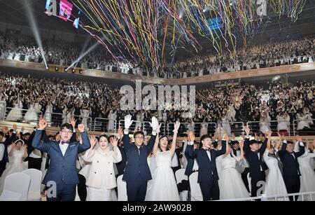 Gapyeong, South Korea. 07th Feb, 2020. Newly married 6000 couples celebrate during the Blessing Ceremony of the Family Federation for World Peace and Unification at the Cheongshim Peace World Center in Gapyeong, South Korea, on Friday, February 7, 2020. Photo by Keizo Mori/UPI Credit: UPI/Alamy Live News Stock Photo