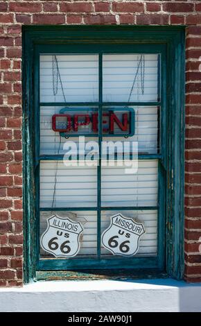 OPen sign in the window of a vintage cafe on Route 66 Stock Photo