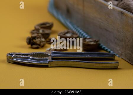 Whole walnuts in shells in a box, walnuts kernels. next to the box is a nut crush. Stock Photo