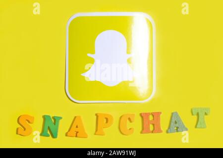 Los Angeles, California, USA - 25 January 2020: Yellow logo of Snapchat, Illustrative Editorial Stock Photo