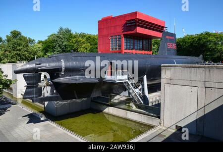 PARIS, FRANCE - AUGUST 1, 2013: Argonaute (S636) French Navy submarine on display in the Parc de la Villette in Paris, converted to a museum ship. Stock Photo