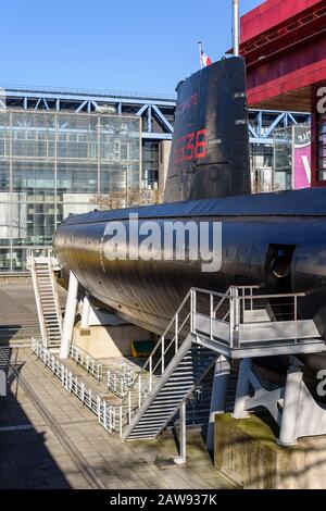 PARIS, FRANCE - FEBRUARY 7, 2020: Argonaute (S636) French Navy submarine on display in the Parc de la Villette in Paris, converted to a museum ship. Stock Photo