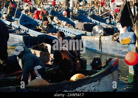 Morocco , Africa, January 16, 2020: Fishing boats in harbour Essaouira north Atlantic Morocco North Africa Stock Photo