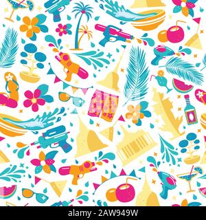 Songkran festival in Thailand. Colorful seamless Pattern with icons o? white. Stock Vector