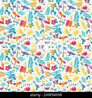 Songkran festival in Thailand. Colorful seamless Pattern with icons o? white. Stock Vector