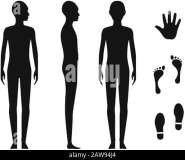 Gender neutral human body silhouette. Bald naked barefoot teenager stencil.  Palm hand, bare feet and shoe trace Stock Vector Image & Art - Alamy