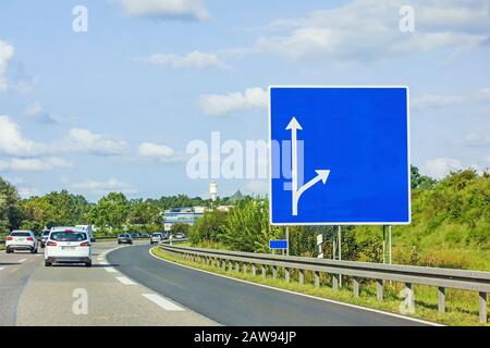 highway with empty signboard (german autobahn) with cars Stock Photo
