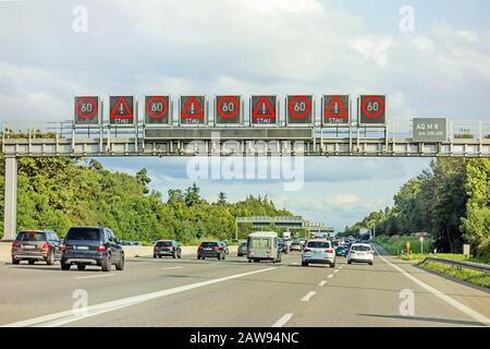 traffic jam sign bridge on freeway, german autobahn Stock Photo