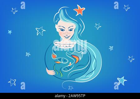 Girl with long hair and aquarium with gold, red fish. A woman makes a wish, dreams. Zodiac sign Pisces. Vector Illustration on blue backround, logo, c Stock Vector