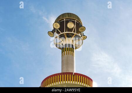 Detail of an architectural tower top with lights Stock Photo