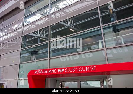 Nurburg, Germany - May 20, 2017: Race track Nurburgring VIP Club Lounge entrance - glass facade Stock Photo