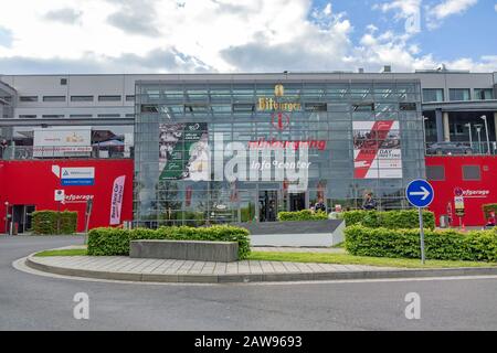 Nurburg, Germany - May 20, 2017: Race track Nurburgring - info center, entrance - modern glass facade building Stock Photo