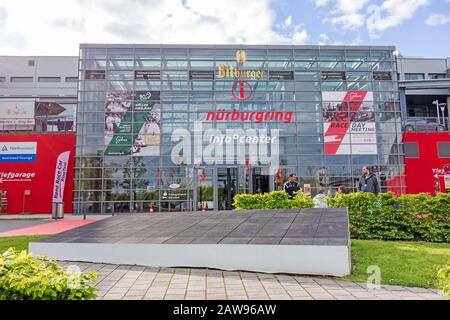 Nurburg, Germany - May 20, 2017: Race track Nurburgring - info center, entrance - modern glass facade building Stock Photo