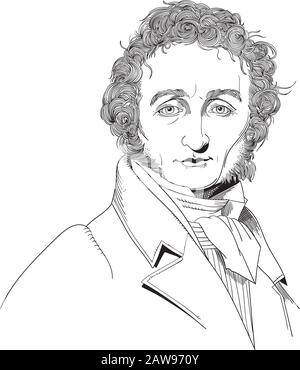 Niccolò Paganini was an Italian violinist, violist, guitarist and composer. He was the most celebrated violin virtuoso of his time. Stock Vector