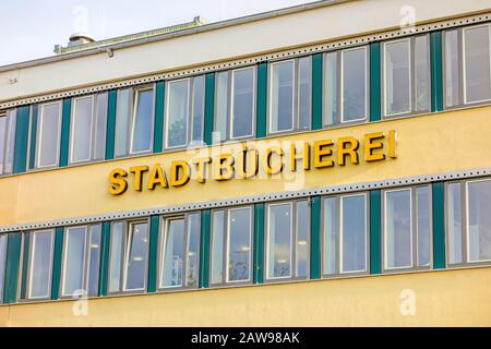 Stadtbuecherei (city library) - facade with lettering  Stuttgart, Germany - November 14, 2015: Facade of the Stadtbuecherei (city library) in Stuttgar Stock Photo