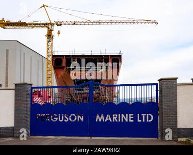 Port Glasgow, Scotland, UK. 7 February, 2020.  General views of Ferguson Marine shipyard at Port Glasgow. Scottish Budget announced an extra £49 million for the troubled nationalised shipyard on the River Clyde. Two ferries under construction at the yard for Caledonian MacBrayne are over budget and much delayed. An enquiry into the procurement process for the two ferries is currently ongoing at the Scottish Parliament at Holyrood in Edinburgh.  Iain Masterton/Alamy Live News. Stock Photo