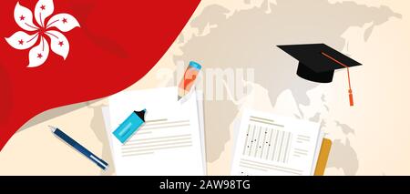 Hongkong education. University college study abroad. Symbol of school knowledge with assessment test paper, pencil and hat Stock Vector