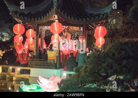 The Chinese Lunar New Year Celebration at the Lan Su Gardens in Portland Oregon is full of light and drama. Stock Photo