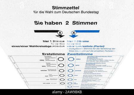 Ballot card paper for federal election / parliamentary elections (for the Bundestag) in Germany. Stock Photo