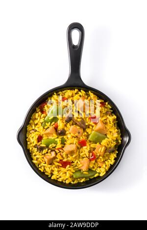 Fried rice with chicken and vegetables in frying pan isolated on white background.Top view Stock Photo