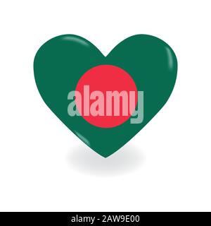 Heart with Bangladesh flag on a white background casts a shadow, vector Stock Vector