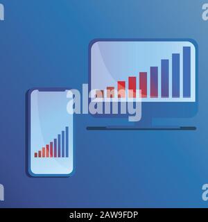 Smartphone and monitor with increasing charts on blue background. Business analytics and statistics concept. Statistic numbers growth on screen. Phone Stock Vector