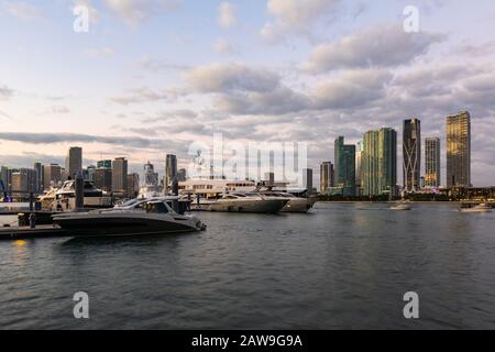 Miami skyline at dawn seen from the MacArthur Causeway Stock Photo