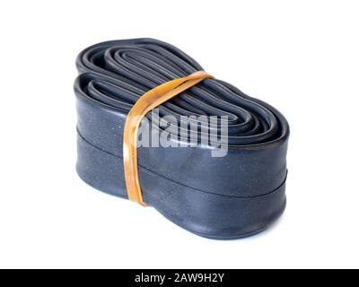 Bicycle rubber wheel camera isolated on white background. Stock Photo