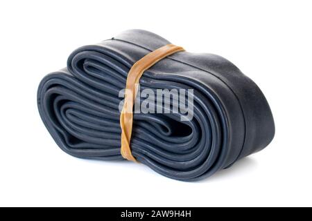 Bicycle rubber wheel camera isolated on white background. Stock Photo