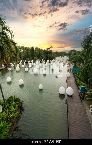 Singapore. January 2020.  the  Feature together digital installation  on the  Dragonfly lake at sunset Stock Photo