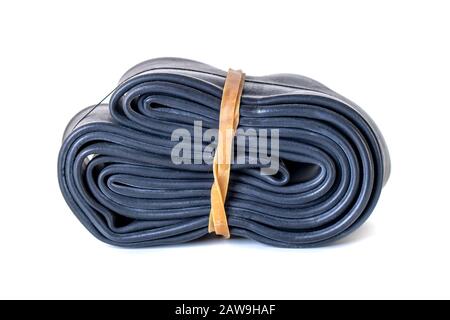 Bicycle rubber wheel camera isolated on white background. Stock Photo