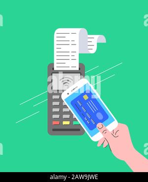 Contactless payment concept. Buyer pays for purchase at checkout using smartphone. Flat linear illustration of POS terminal with NFC technology. Store Stock Vector